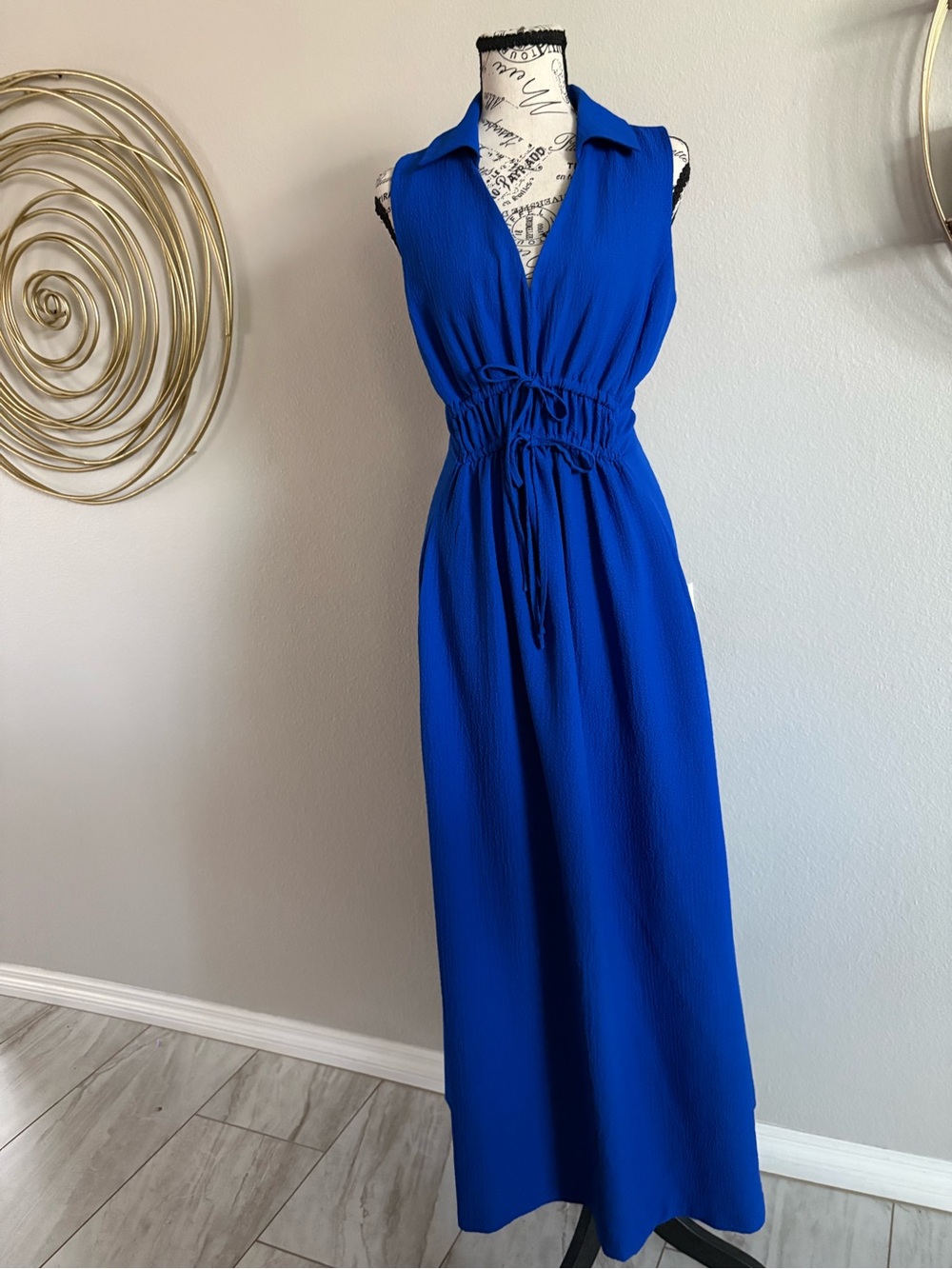 Sleeveless Cobalt Blue Maxi Dress with Drawstring Waist and Collar